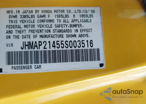 2005 Honda S2000 from USA, damaged, VIN JHMAP21455S003516